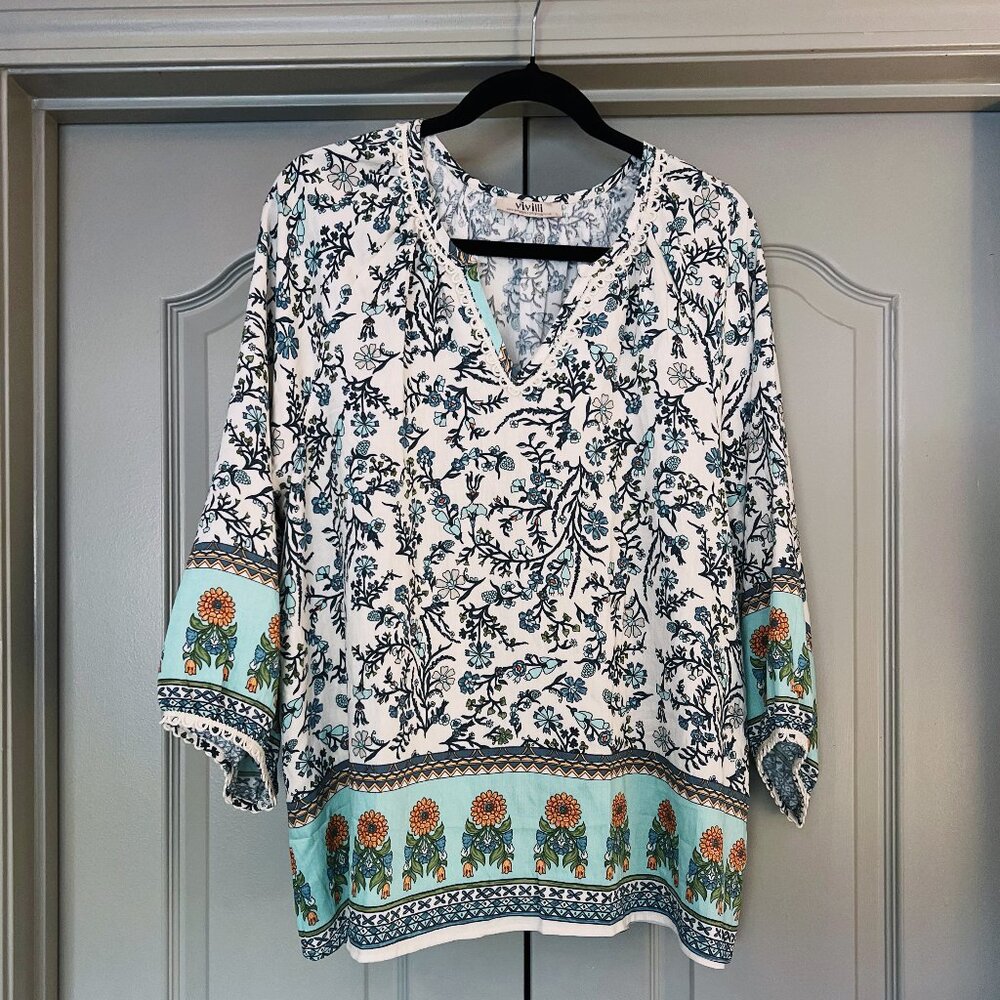 Boho Floral Tunic Top Aqua Border Print Crochet Trim Cottagecore Peasant Blouse